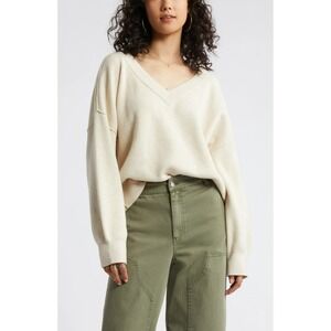 BP. Seamed Oversize Vneck Rib Pullover Sweater Beige Oatmeal Light Heather Small